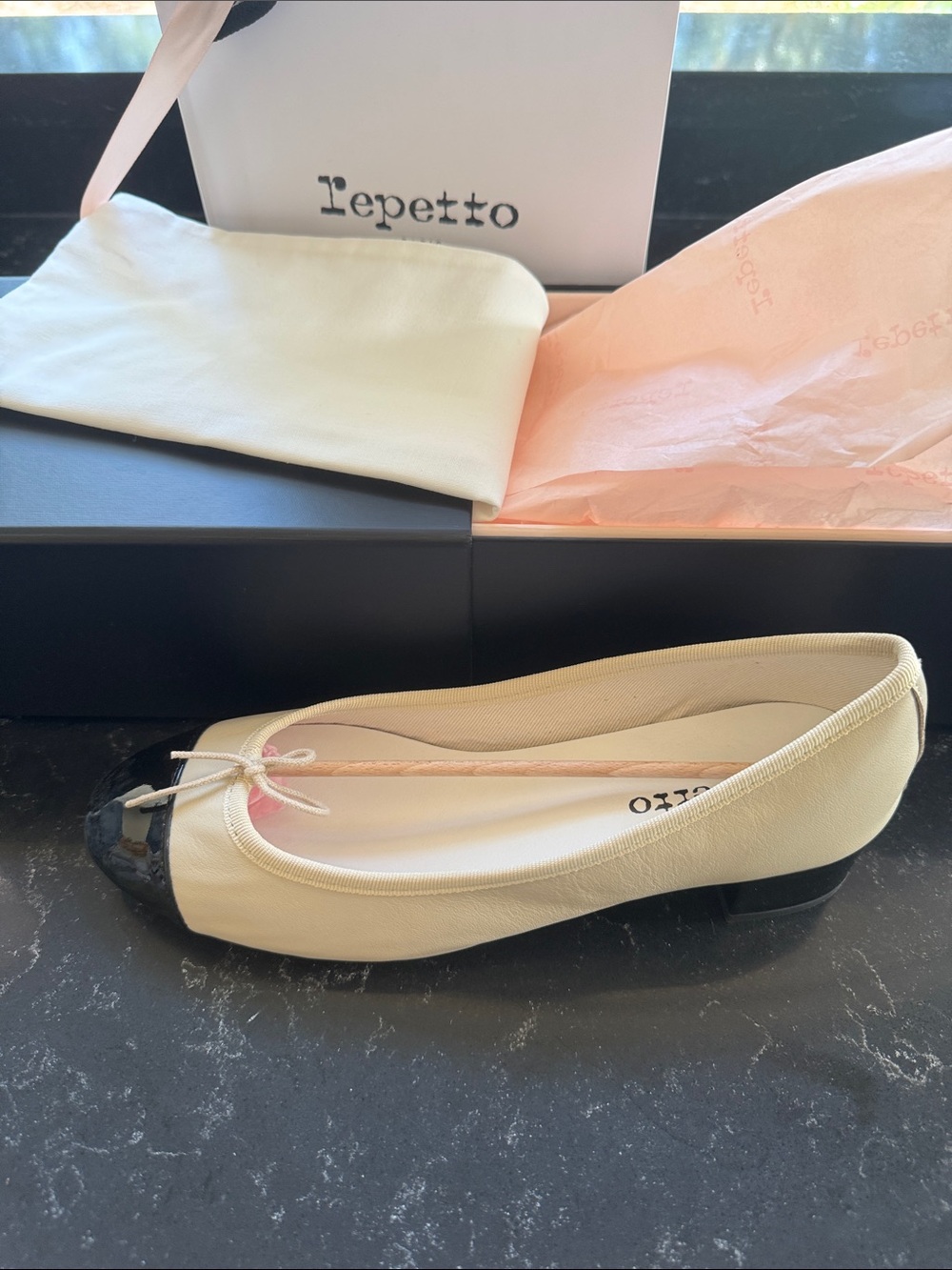 Repetto Two-Tone Cream Ballet kitten heel with Black Patent Cap